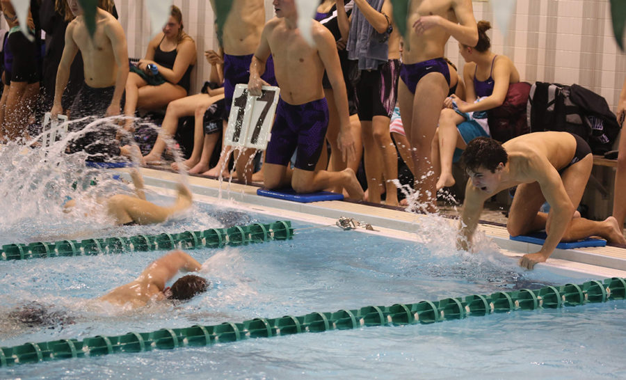 Senior Will Tornambe counts laps and cheers for Jon Groff during the 500 free.  
