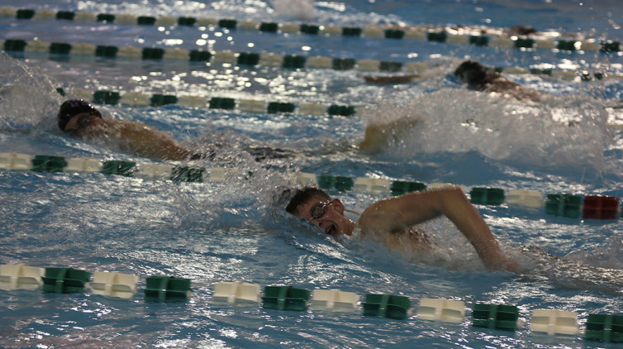 Senior Jon Groff attempts to catch up to his competitor from Phoenixville while swimming the 500 yard freestyle.
