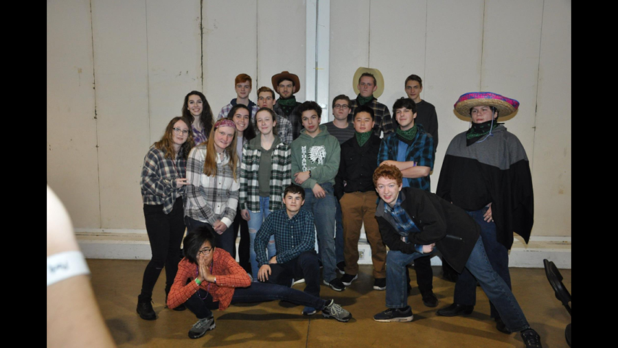 Members of marching bands percussion sections gathered for a photograph during the western themed dinner dance. 

