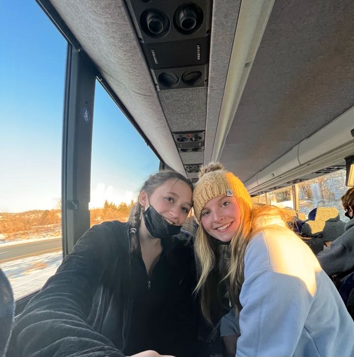 (from left )Sophomores Fiona Groshop and Hannah Lake enjoy the bus ride up to Blue Mountain on Jan 8.  
