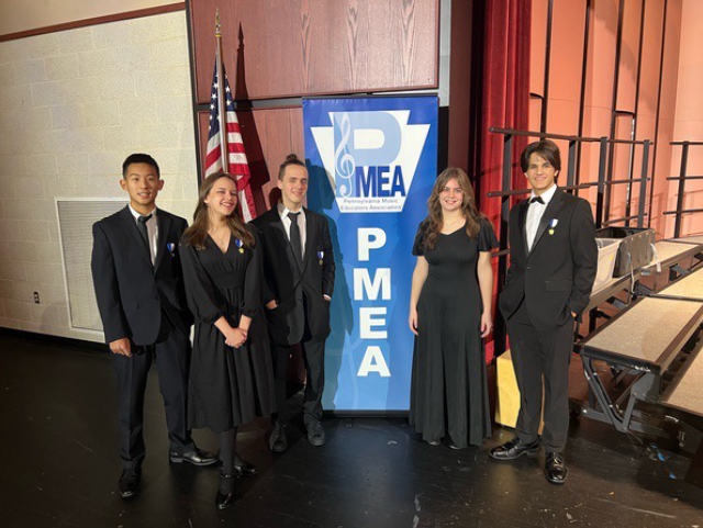 (from left) Dylan Wen, Paige Alaishuski, Maximus King, Margaret Cavallo and Lucas Horoho participated in the PMEA District Choir Festival performance on Jan.14 at Council Rock South High School
