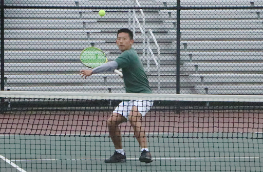 Wen returns the ball during semifinals on April 18 at OJR against Perkiomen Valley’s Henry Ye. 