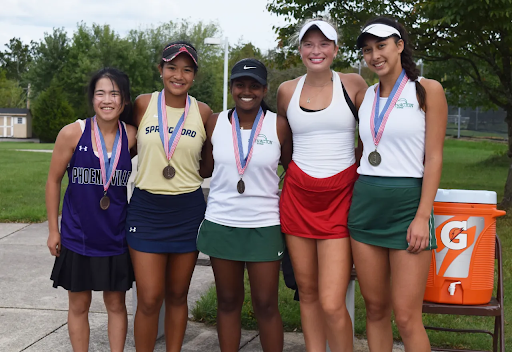 District 1 tennis qualifiers at Sept. 22’s PAC singles tournament included the following athletes: (from left) Phoenixville’s Vivona Xu, Spring-Ford’s Evelyn Mejia, Methacton’s Anika Suresh, Owen J. Roberts’ Allison Root and Methacton’s Hana Nouaime (Photo credit: Austin Hertzog)