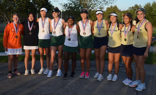 Winners of the PAC doubles tournament pose with their medals in the order of their places (right to left) on Oct. 11 at Perk Valley. Methacton girls (left to right) are Chelsea Lian, Claire Montgomery, Anika Suresh, and Lauren Montgomery. (Photo credit: Austin Hertzog)
