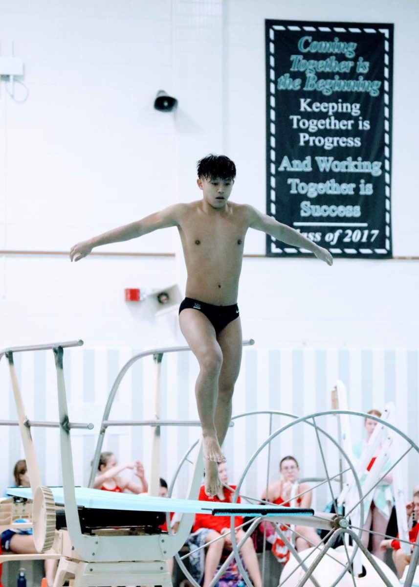 Jason Phan prepares to dive during a dual meet against Owen J. Roberts. The PAC champ said he practices on a trampoline in the off season. 