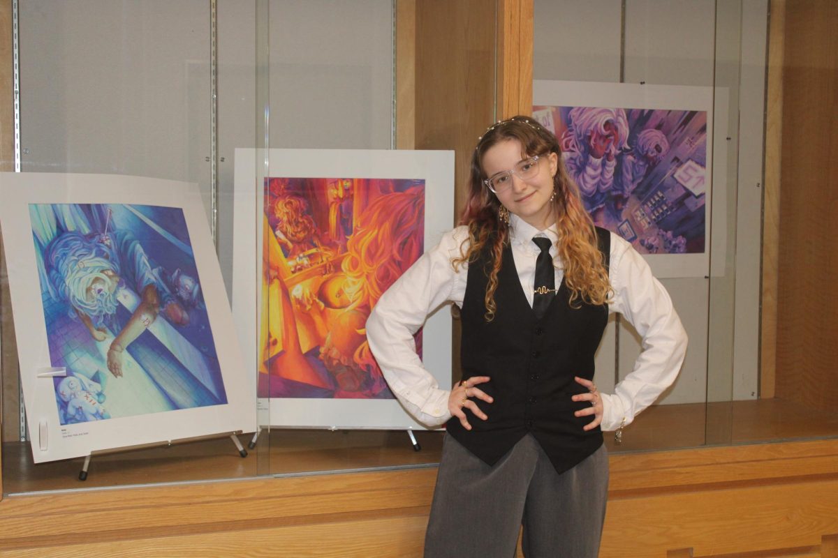 Kale Martin won Regional Scholastic Art Golden Keys for her outstanding art portfolio and for her piece titled “The Elevator Game” in February. Kale also won Silver Keys for two of her other titles, “Bloody Mary” and “The Next Stop”. 